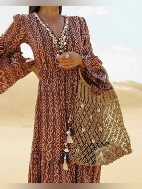 ZARA BOHO HIPPIE MAXI DRESS SHELL FLOUNCE LONG RUFFLED DRESS SEA SHELL, Size S